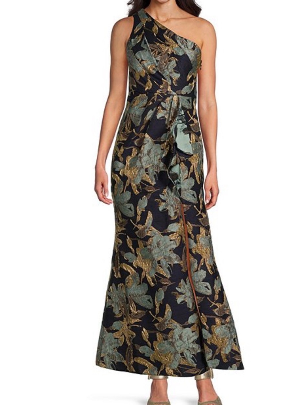 Adrianna Papell Blue One-Shoulder Floral Jacquard Gown